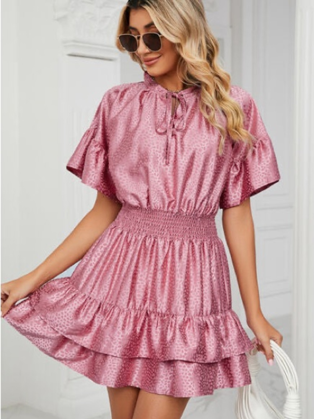 Umgee Rose Pink Satin Tiered Ruffle Mini Dress - Picture 3 of 4
